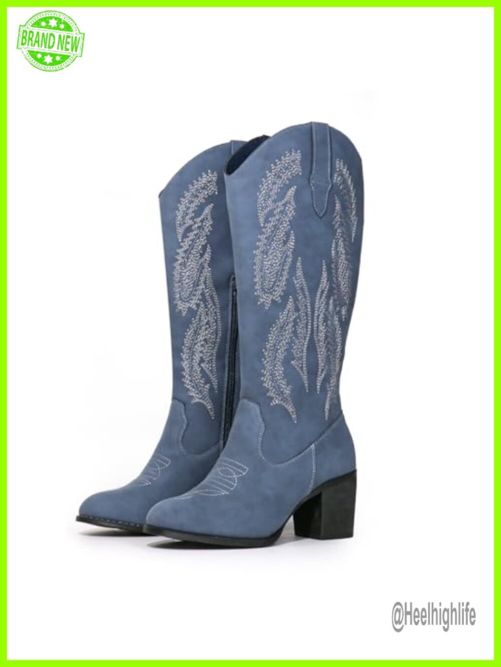 Women Western Cowboy Boots Embroidered Round Toe Block Heel Pull On Mid Calf